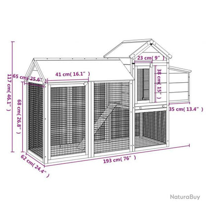 Poulailler enclos pour poules en bois massif de pin - 193 x 65 x 117 cm